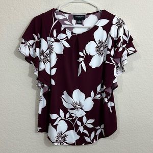 Liz Claiborne women’s burgundy and white floral short double sleeve blouse.